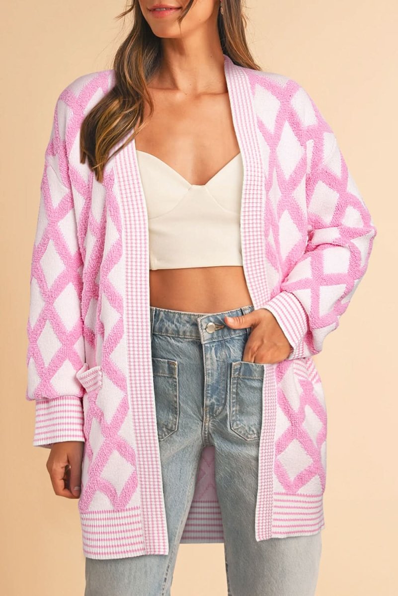 Pink Rhombus Pattern Knit Open Front Pocketed Cardigans - Love Salve